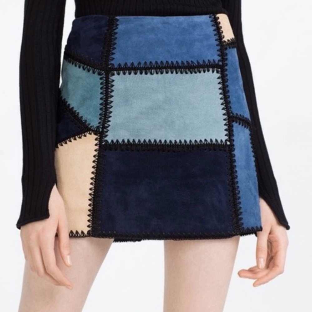 Zara size small patchwork suede leather mini skirt concert festival going out - Picture 1 of 11